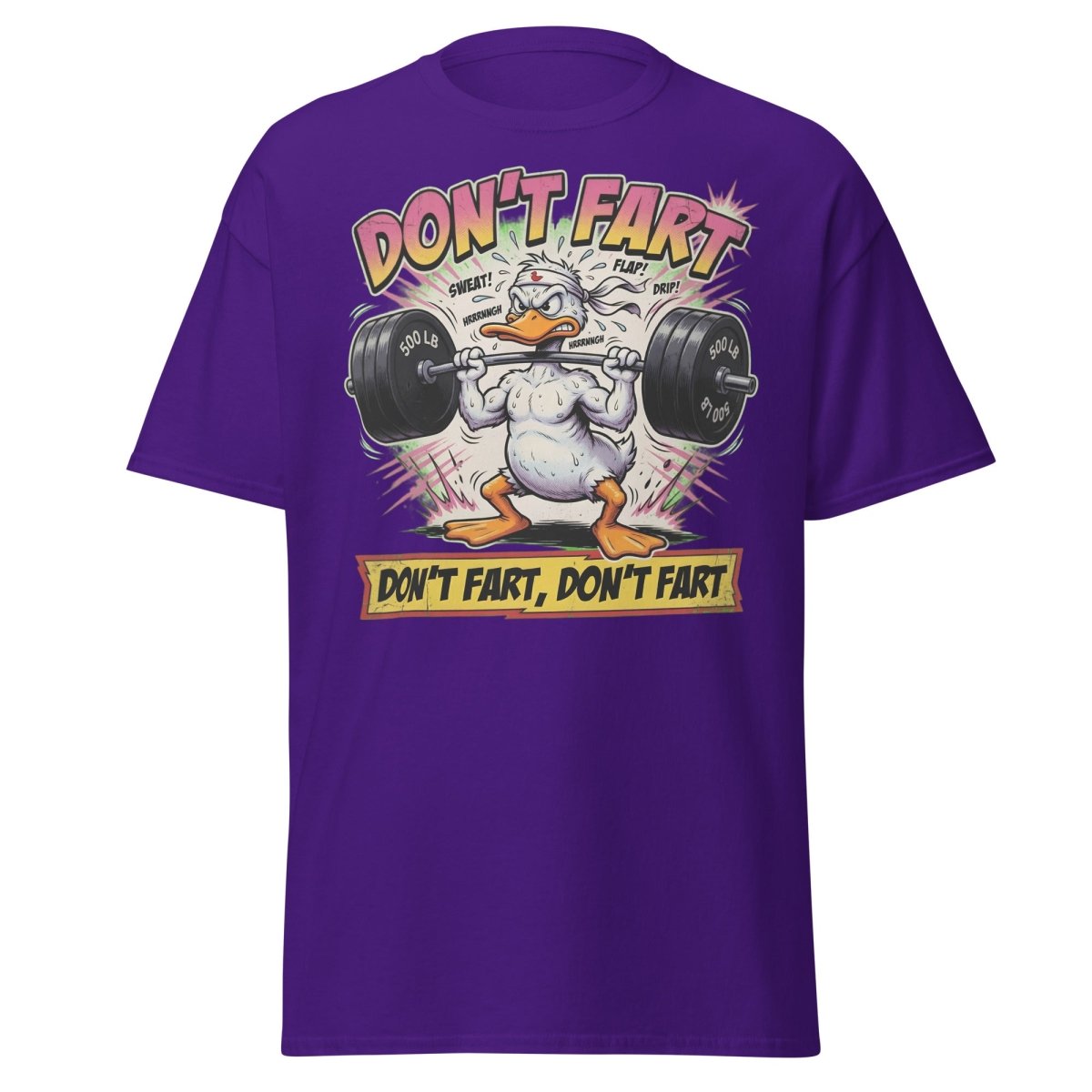 Don't Fart Duck Lifting Funny Gym T-Shirt - Purple - TeeRipple
