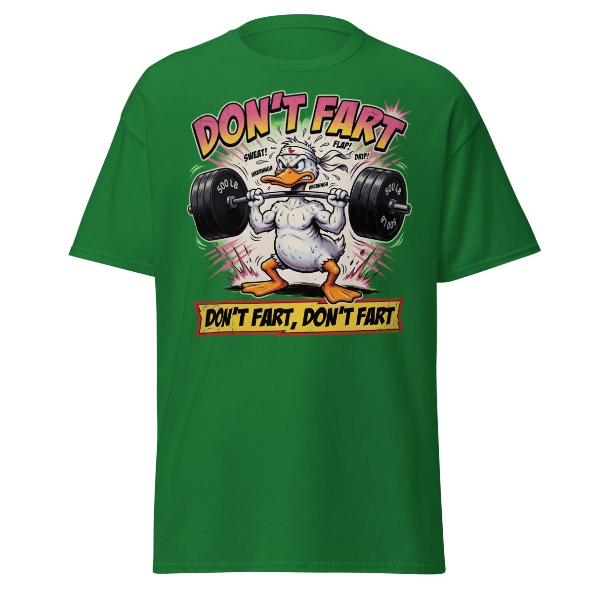 Don't Fart Duck Lifting Funny Gym T-Shirt - Turf Green - TeeRipple