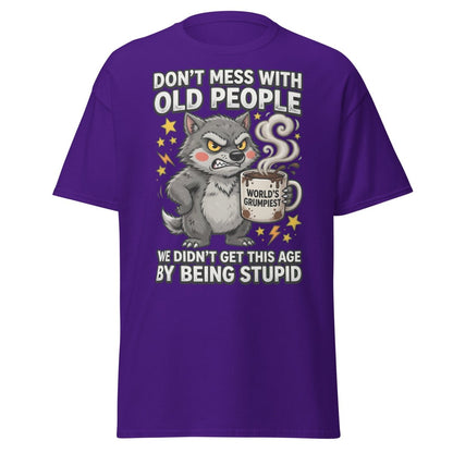 Don't Mess With Old People Grumpy Wolf T-Shirt - Purple - TeeRipple