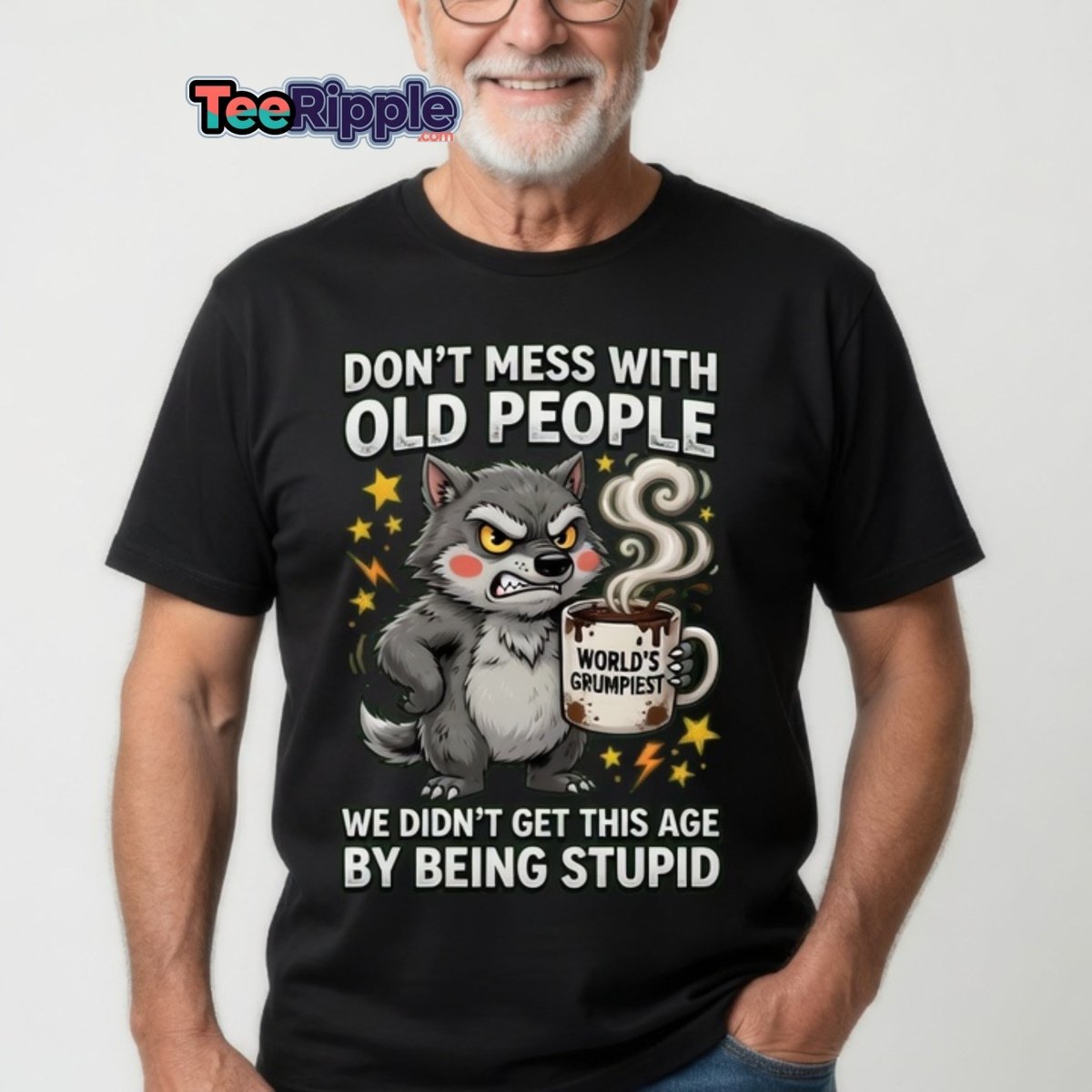 Don't Mess With Old People Grumpy Wolf T-Shirt - Maroon - TeeRipple