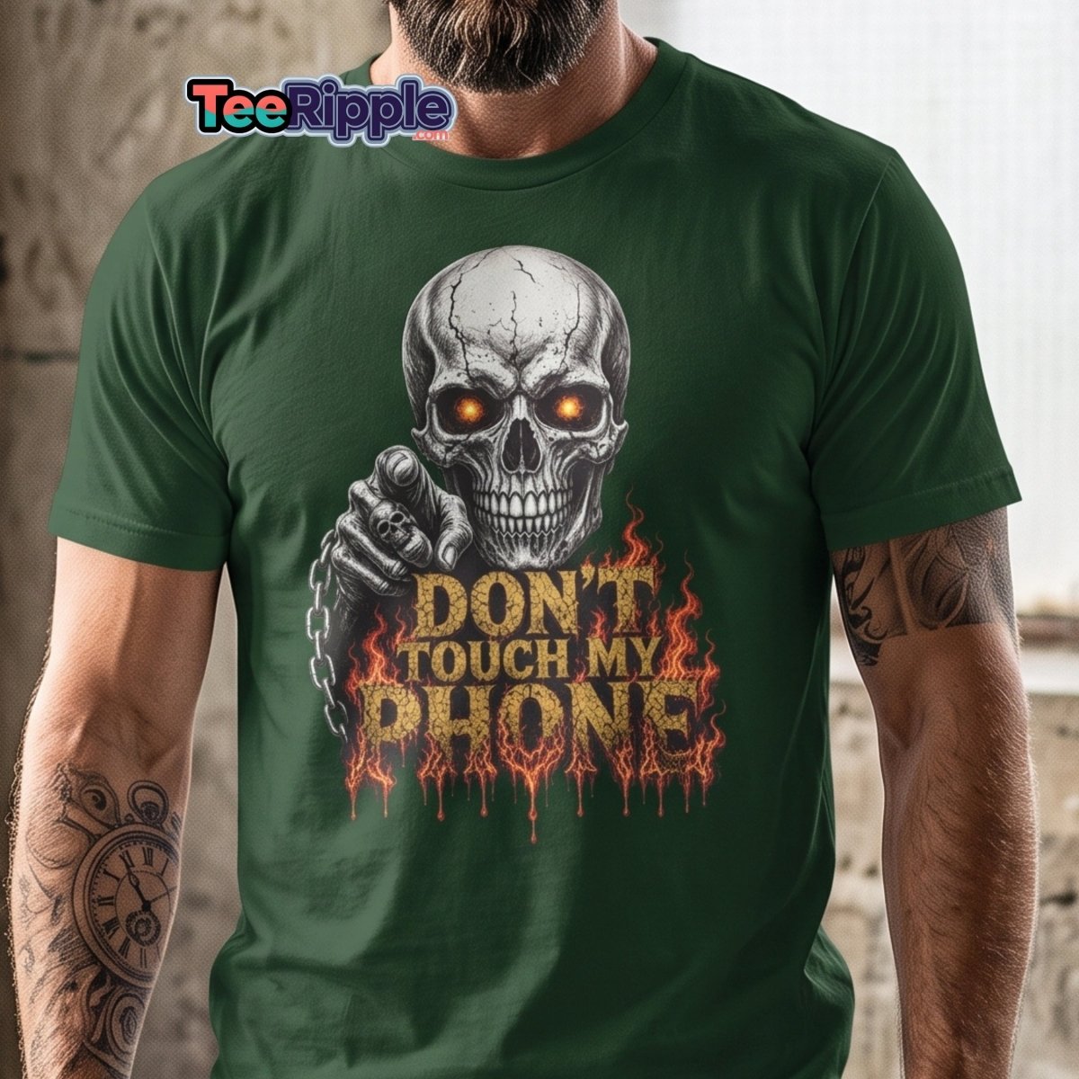 Don’t Touch My Phone Fiery Skull T-Shirt - Maroon - TeeRipple