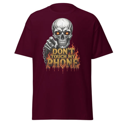 Don’t Touch My Phone Fiery Skull T-Shirt - Maroon - TeeRipple