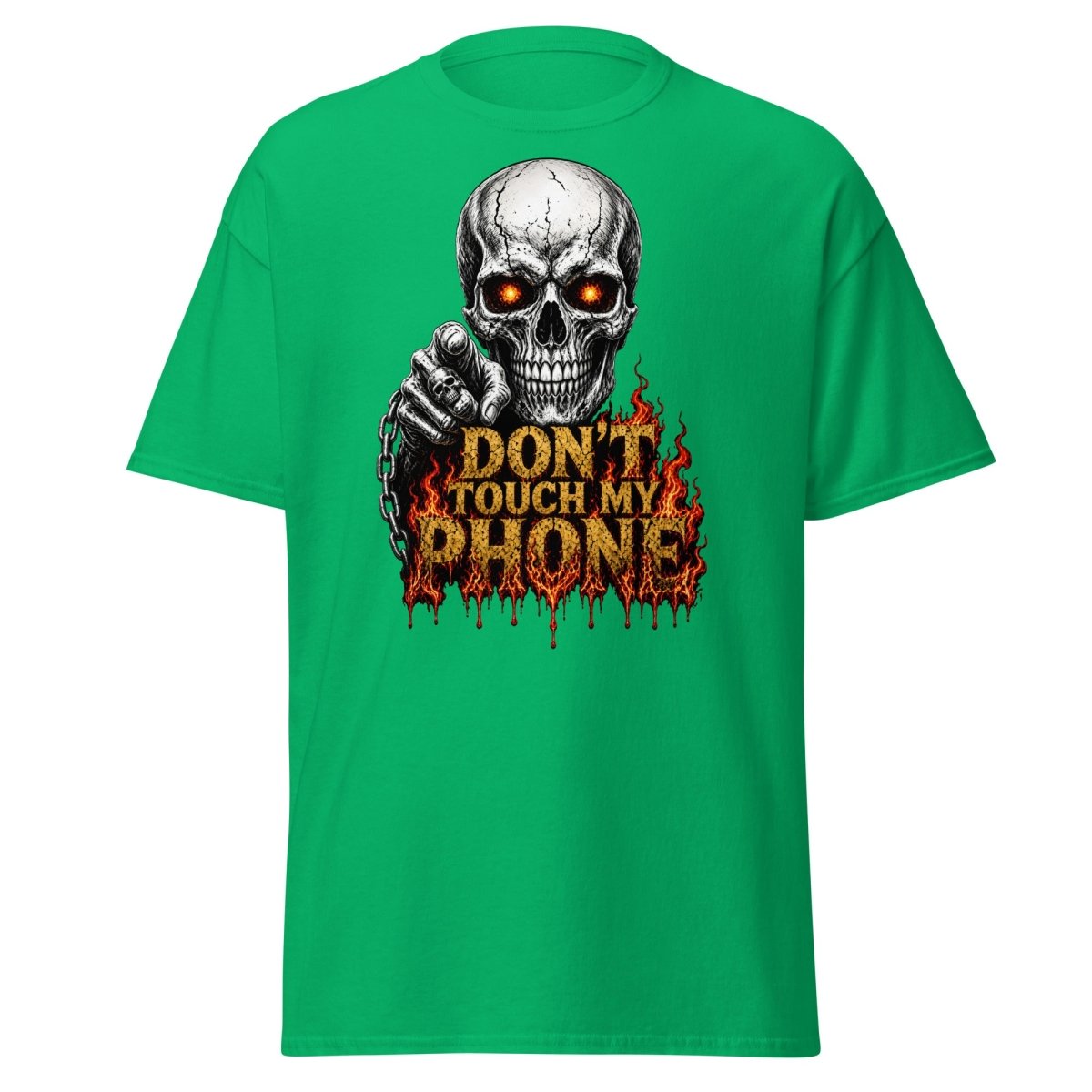 Don’t Touch My Phone Fiery Skull T-Shirt - Irish Green - TeeRipple