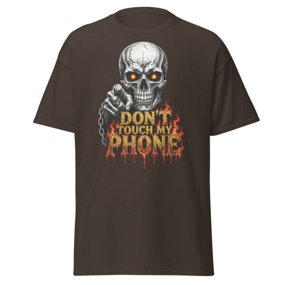 Don’t Touch My Phone Fiery Skull T-Shirt - Dark Chocolate - TeeRipple