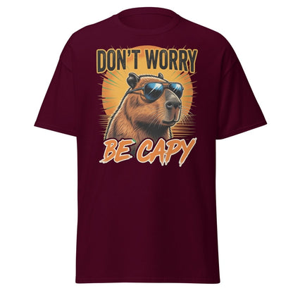 Don't Worry Be Capy T-Shirt - Funny Capybara Tee - Maroon - TeeRipple