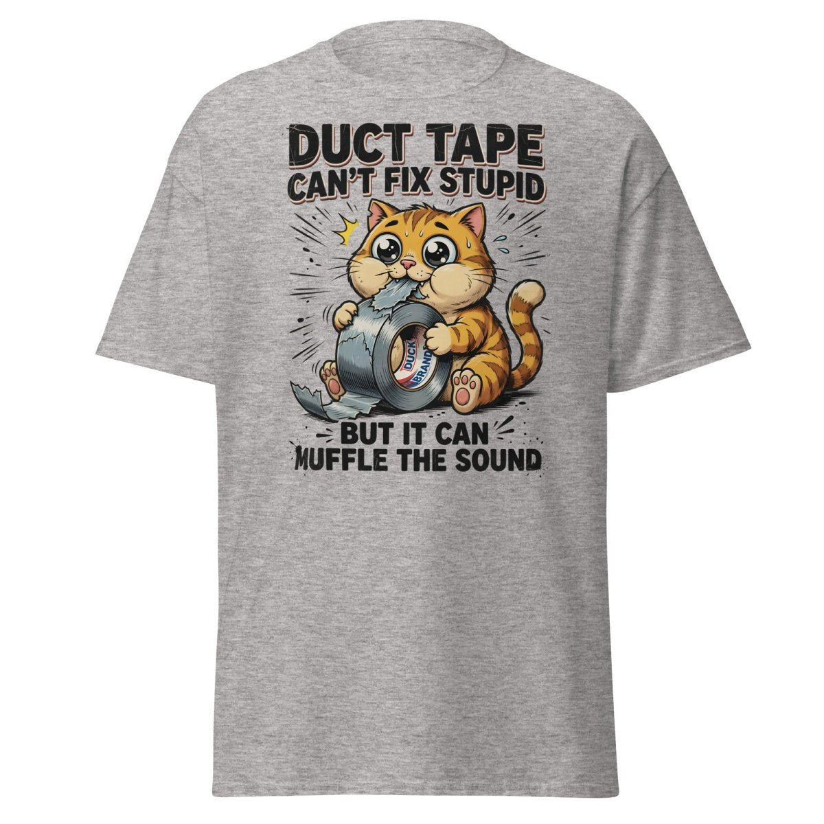 Duct Tape Cat "Muffle The Sound" Funny T-Shirt - Sport Grey - TeeRipple