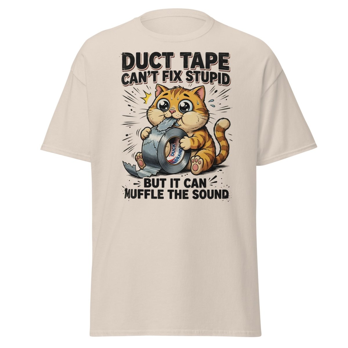Duct Tape Cat "Muffle The Sound" Funny T-Shirt - Natural - TeeRipple