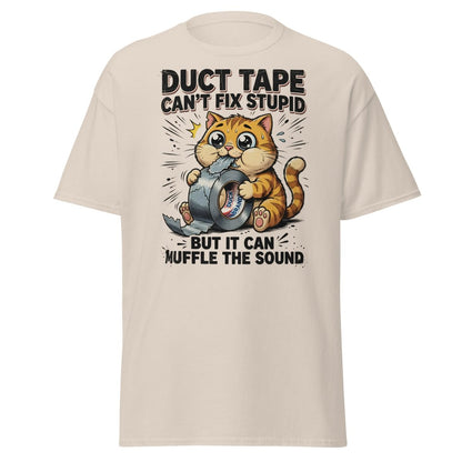 Duct Tape Cat "Muffle The Sound" Funny T-Shirt - Natural - TeeRipple