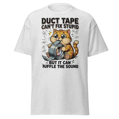 Duct Tape Cat "Muffle The Sound" Funny T-Shirt - Ash - TeeRipple