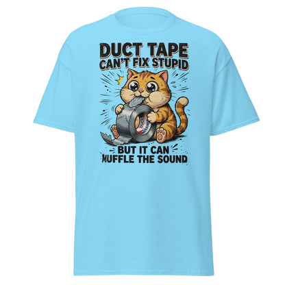 Duct Tape Cat "Muffle The Sound" Funny T-Shirt - Sky - TeeRipple