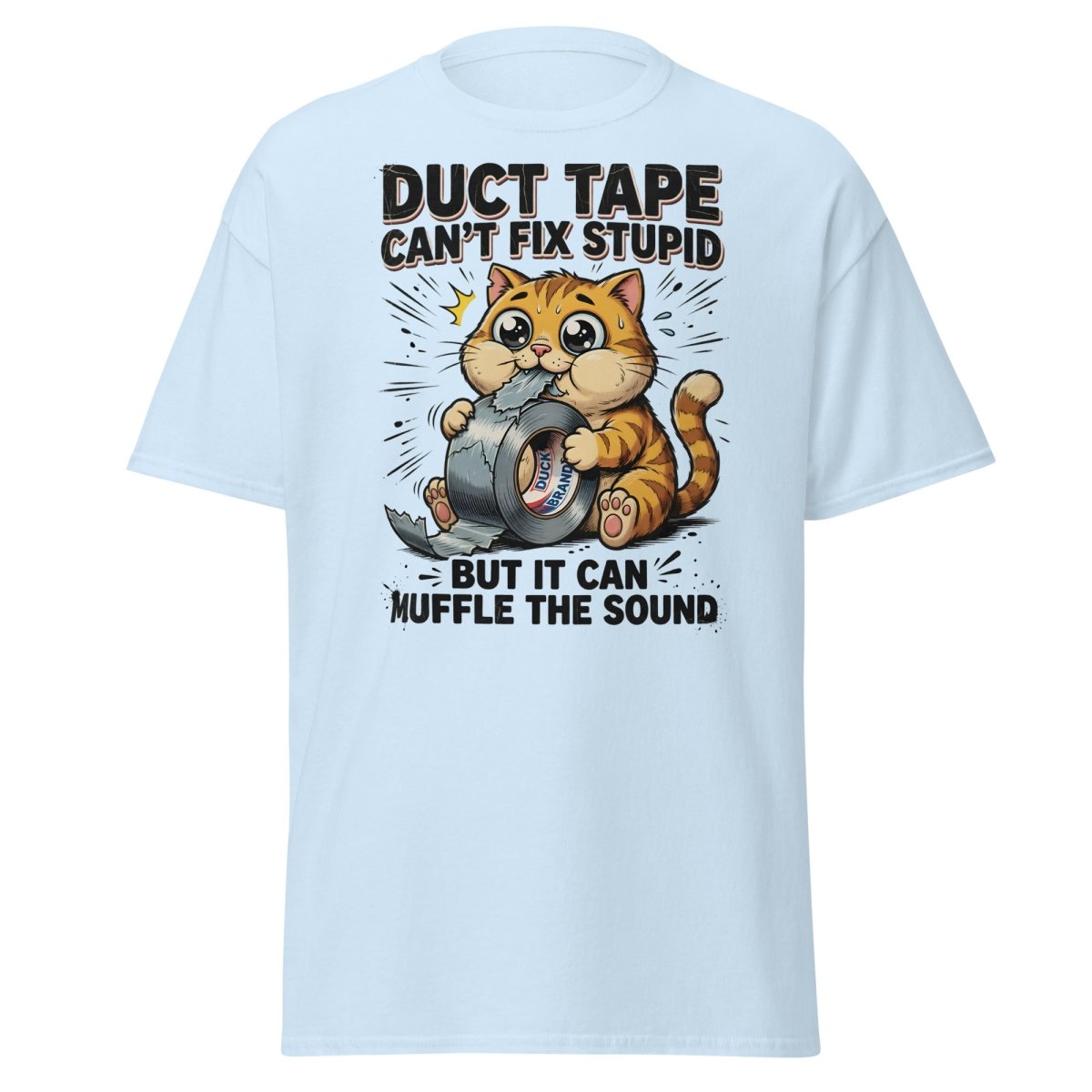 Duct Tape Cat "Muffle The Sound" Funny T-Shirt - Light Blue - TeeRipple