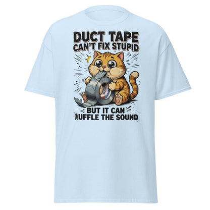 Duct Tape Cat "Muffle The Sound" Funny T-Shirt - Light Blue - TeeRipple