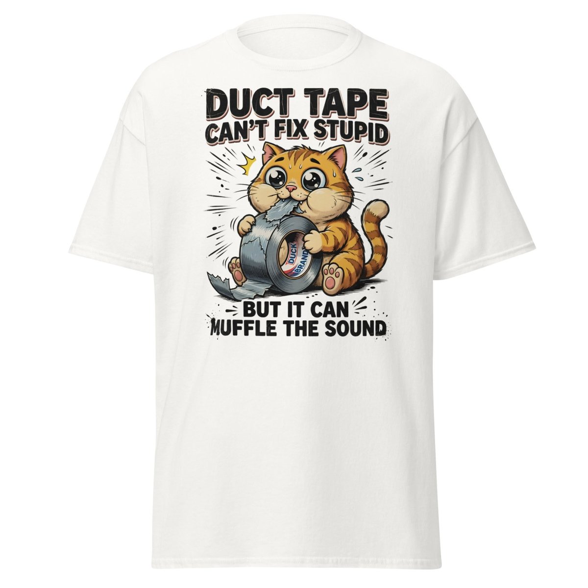 Duct Tape Cat "Muffle The Sound" Funny T-Shirt - White - TeeRipple