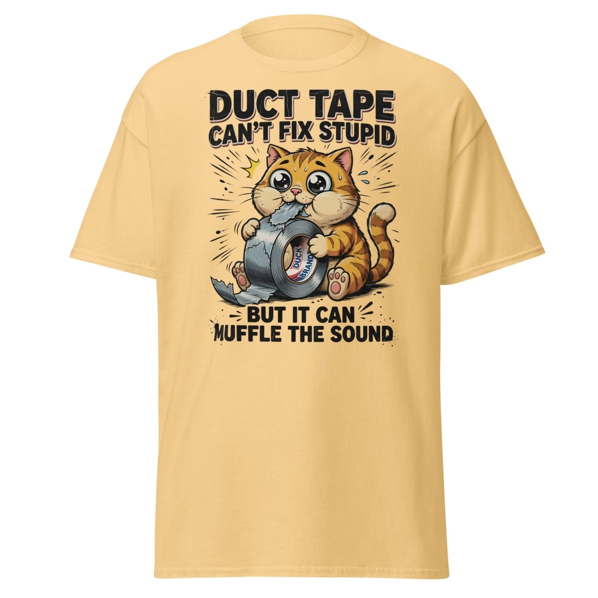Duct Tape Cat "Muffle The Sound" Funny T-Shirt - Yellow Haze - TeeRipple