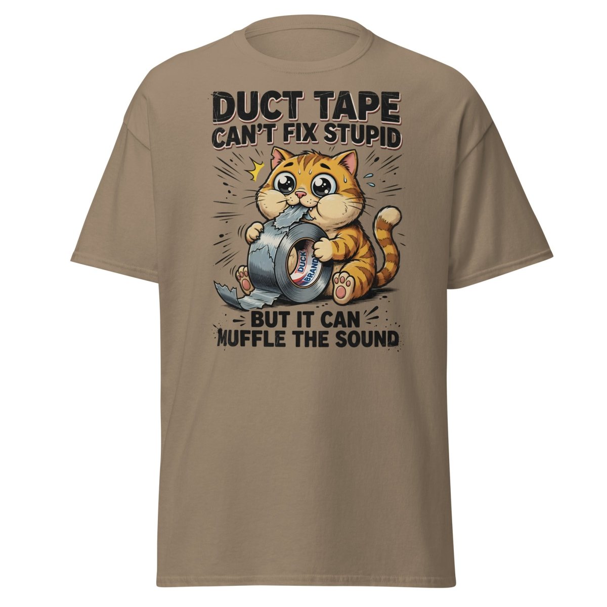 Duct Tape Cat "Muffle The Sound" Funny T-Shirt - Brown Savana - TeeRipple