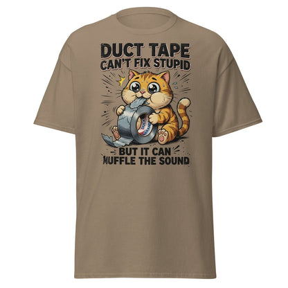 Duct Tape Cat "Muffle The Sound" Funny T-Shirt - Brown Savana - TeeRipple