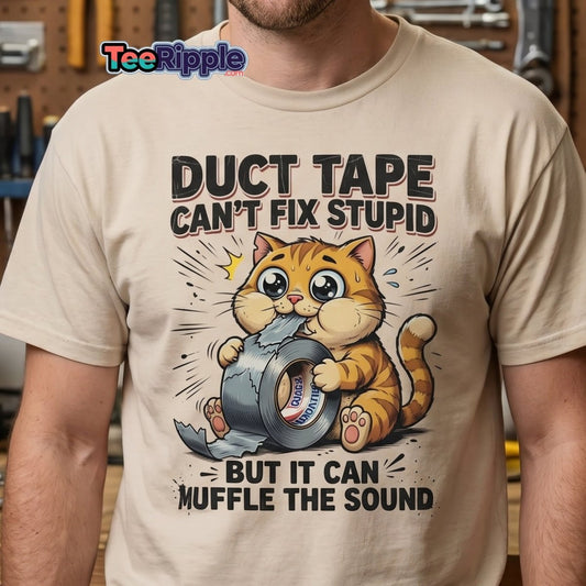 Duct Tape Cat "Muffle The Sound" Funny T-Shirt - Sapphire - TeeRipple