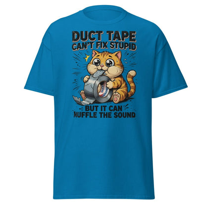 Duct Tape Cat "Muffle The Sound" Funny T-Shirt - Sapphire - TeeRipple