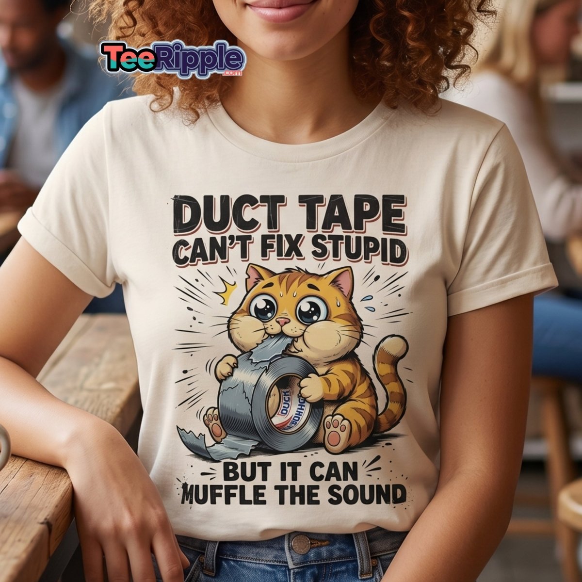 Duct Tape Cat "Muffle The Sound" Funny T-Shirt - Sapphire - TeeRipple