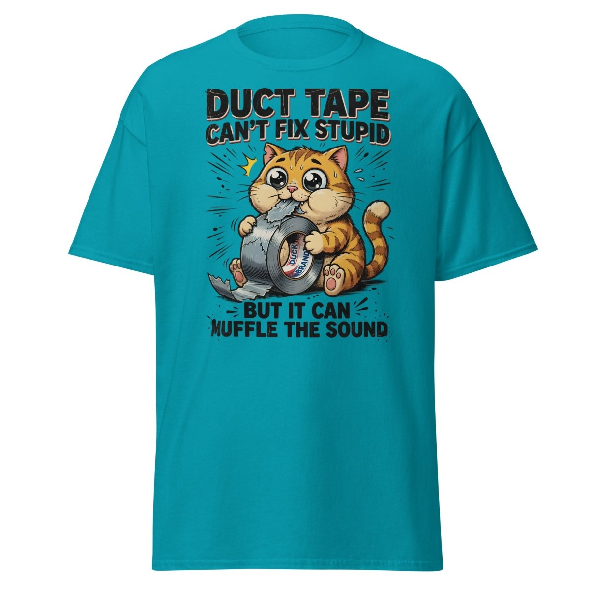 Duct Tape Cat "Muffle The Sound" Funny T-Shirt - Tropical Blue - TeeRipple