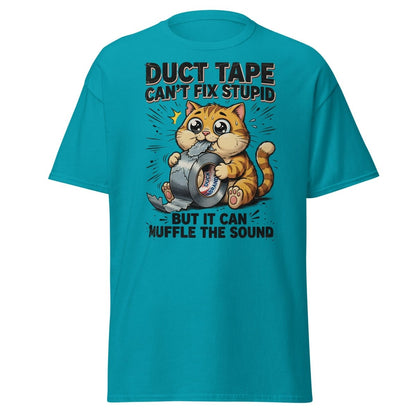 Duct Tape Cat "Muffle The Sound" Funny T-Shirt - Tropical Blue - TeeRipple