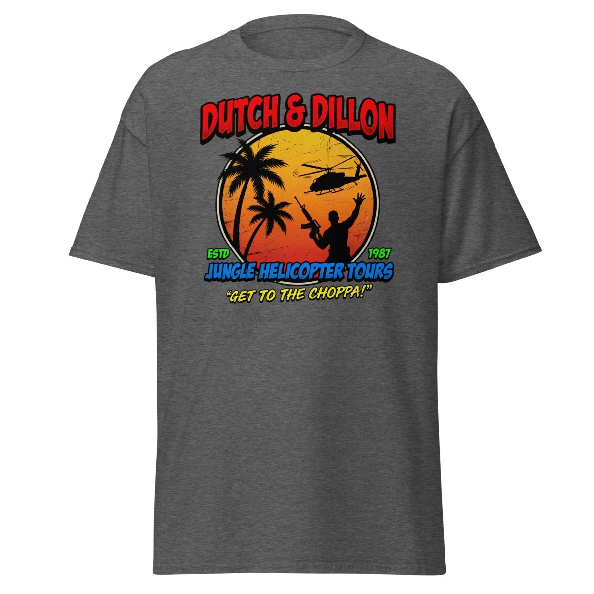 Dutch & Dillon Jungle Helicopter Tours T-Shirt - Dark Heather - TeeRipple