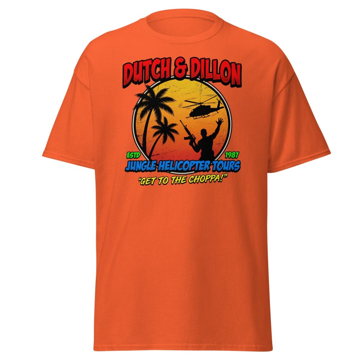 Dutch & Dillon Jungle Helicopter Tours T-Shirt - Orange - TeeRipple