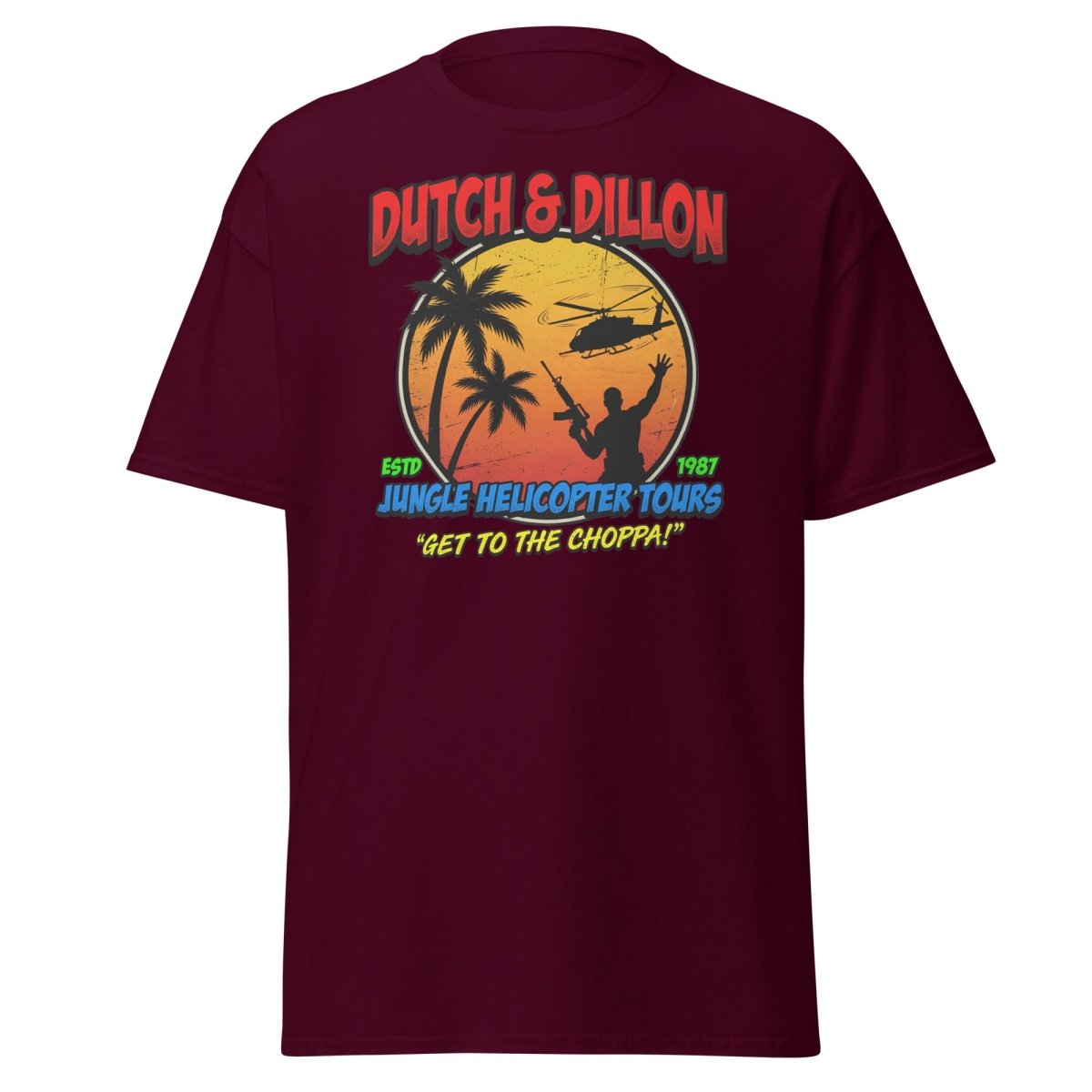 Dutch & Dillon Jungle Helicopter Tours T-Shirt - Maroon - TeeRipple