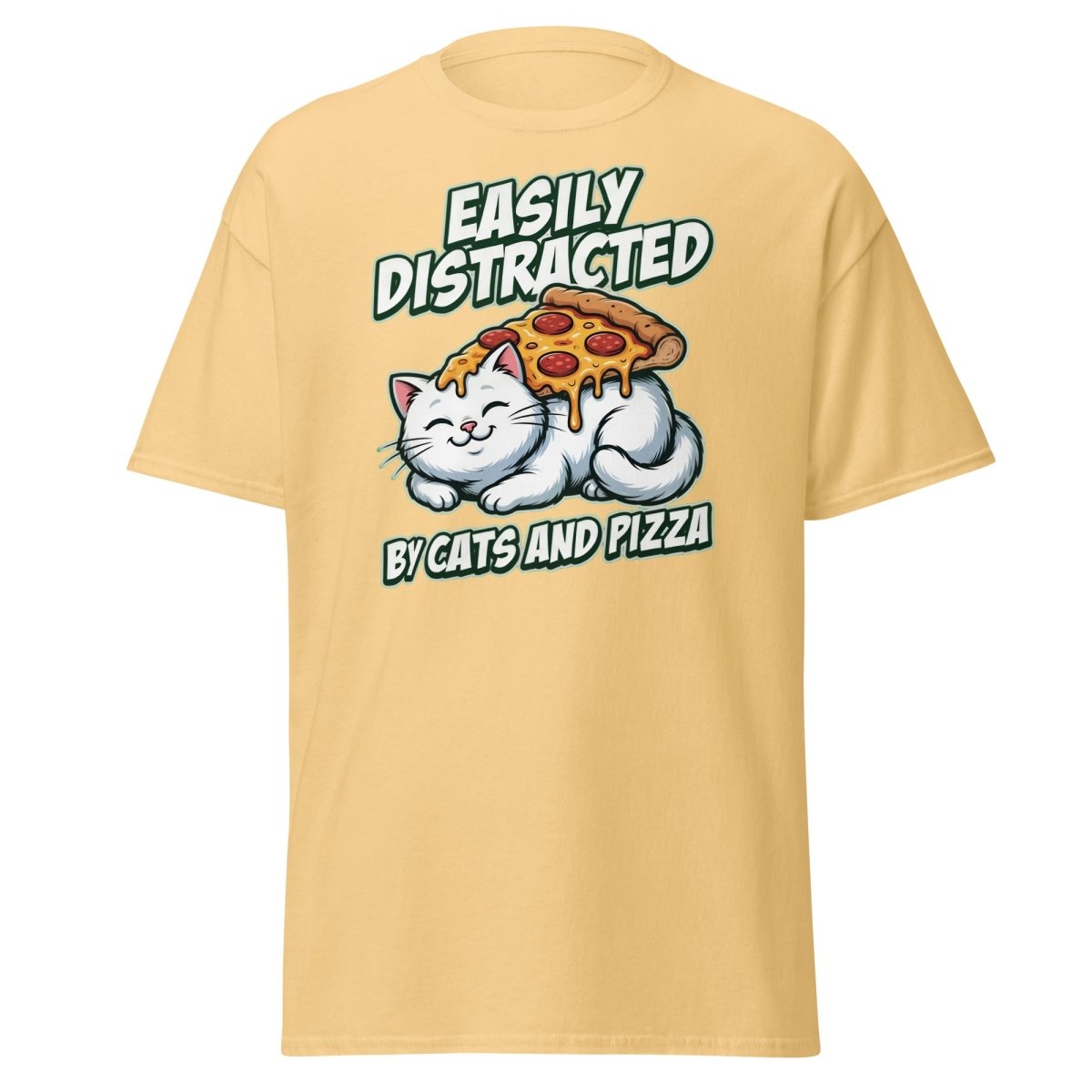 Easily Distracted by Cats and Pizza T-Shirt – Funny Cat Lover Tee - Yellow Haze - TeeRipple