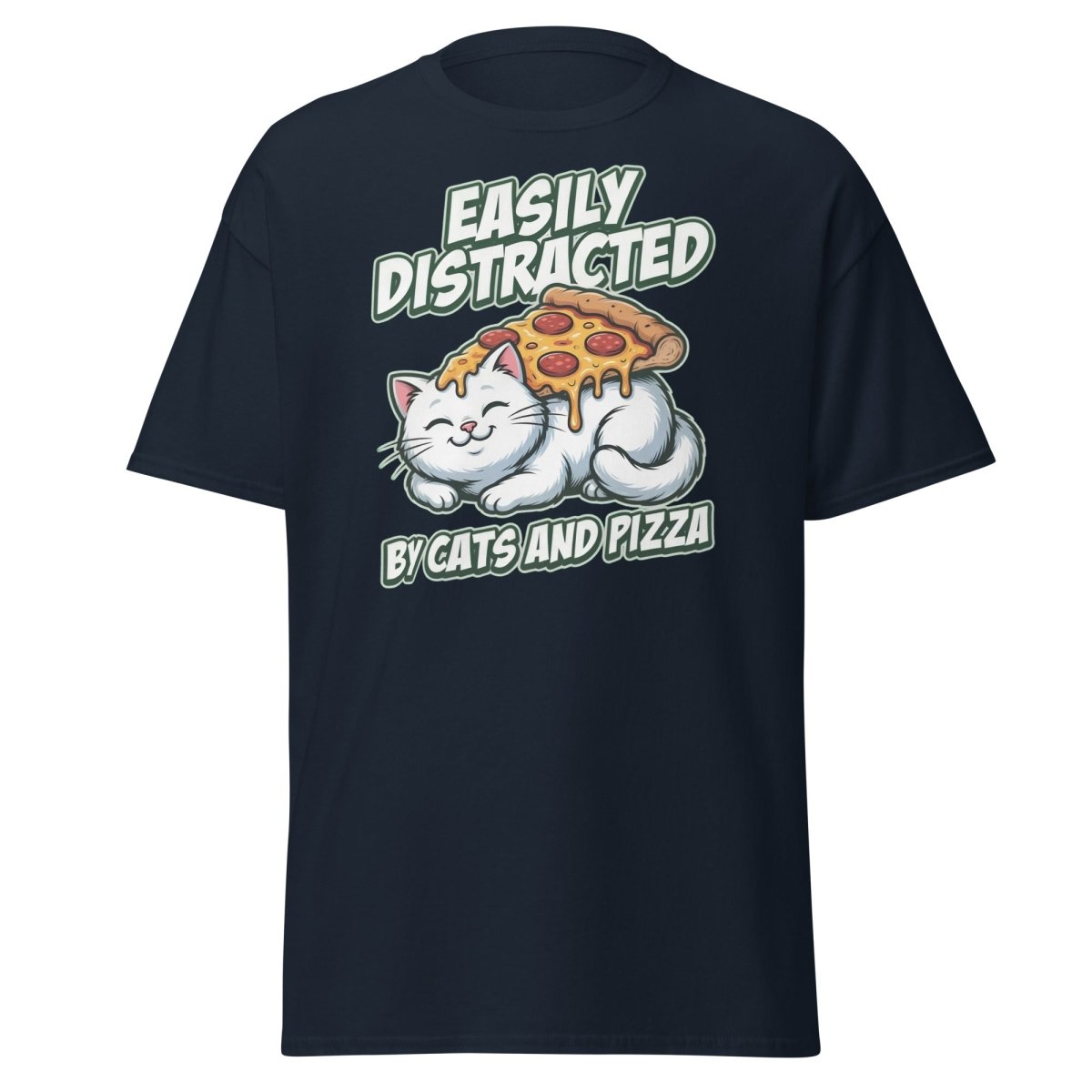 Easily Distracted by Cats and Pizza T-Shirt – Funny Cat Lover Tee - Navy - TeeRipple