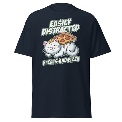 Easily Distracted by Cats and Pizza T-Shirt – Funny Cat Lover Tee - Navy - TeeRipple