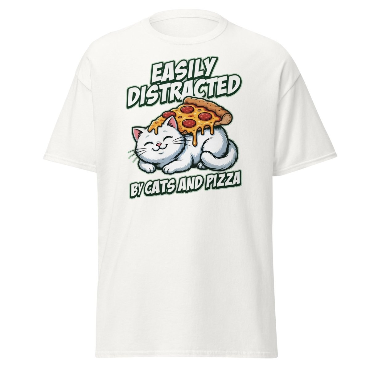 Easily Distracted by Cats and Pizza T-Shirt – Funny Cat Lover Tee - White - TeeRipple