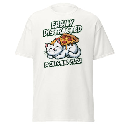 Easily Distracted by Cats and Pizza T-Shirt – Funny Cat Lover Tee - White - TeeRipple