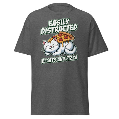 Easily Distracted by Cats and Pizza T-Shirt – Funny Cat Lover Tee - Dark Heather - TeeRipple