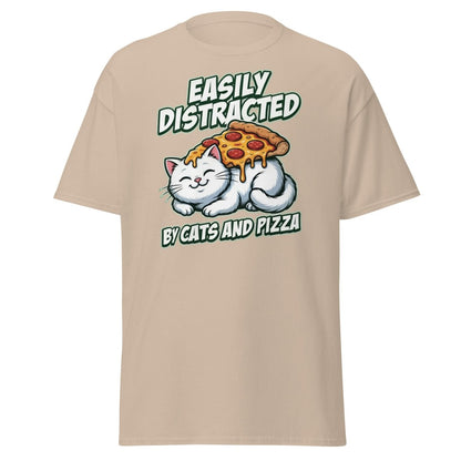 Easily Distracted by Cats and Pizza T-Shirt – Funny Cat Lover Tee - Sand - TeeRipple