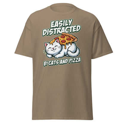 Easily Distracted by Cats and Pizza T-Shirt – Funny Cat Lover Tee - Brown Savana - TeeRipple