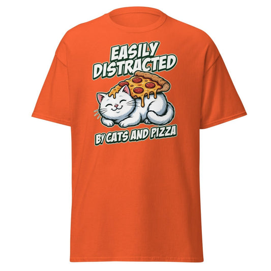 Easily Distracted by Cats and Pizza T-Shirt – Funny Cat Lover Tee - Orange - TeeRipple