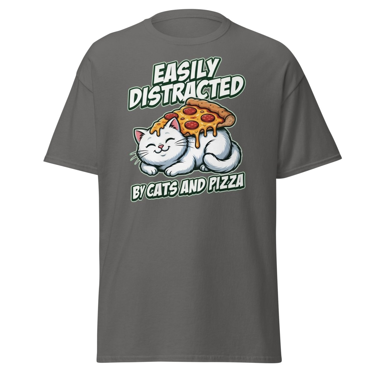 Easily Distracted by Cats and Pizza T-Shirt – Funny Cat Lover Tee - Charcoal - TeeRipple