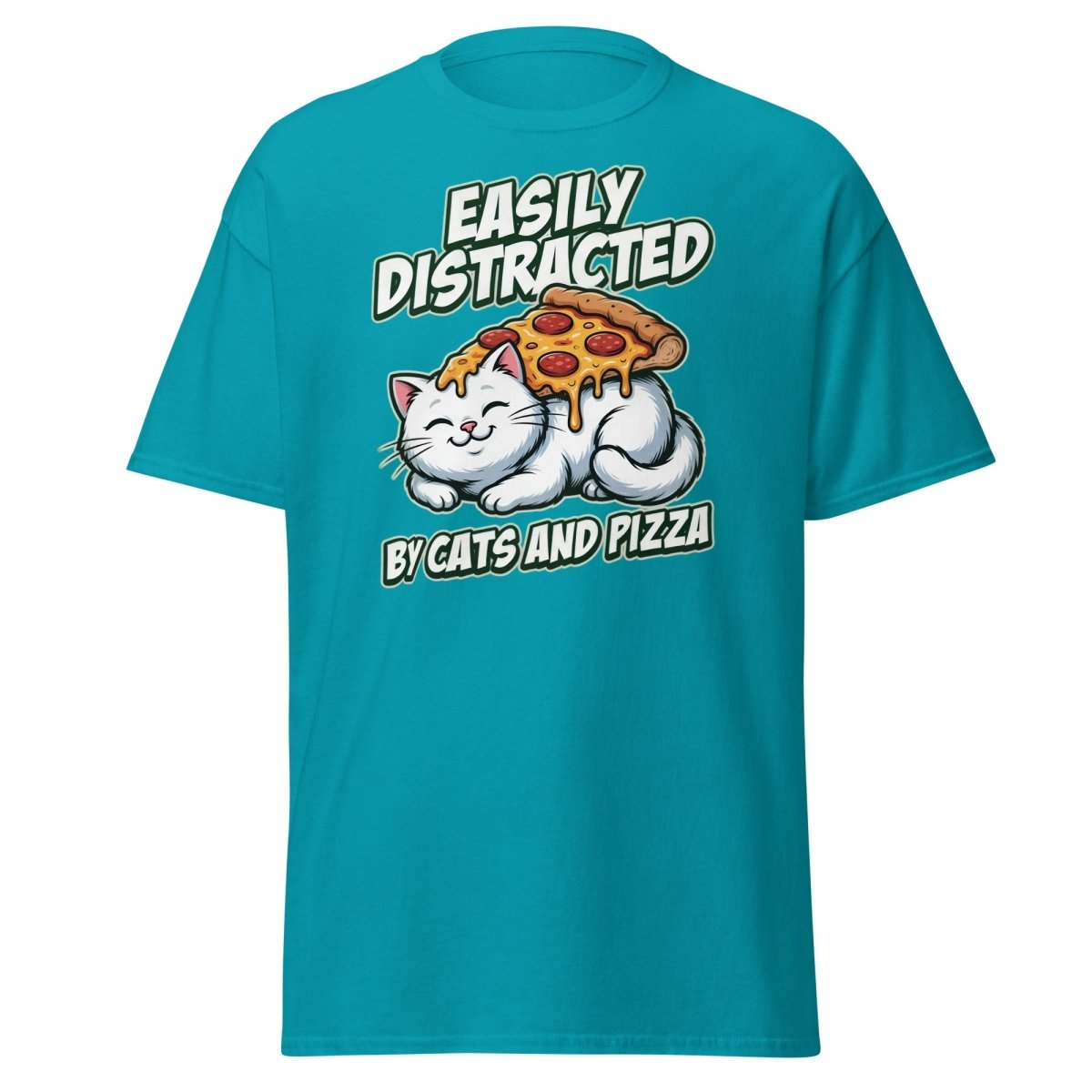 Easily Distracted by Cats and Pizza T-Shirt – Funny Cat Lover Tee - Tropical Blue - TeeRipple