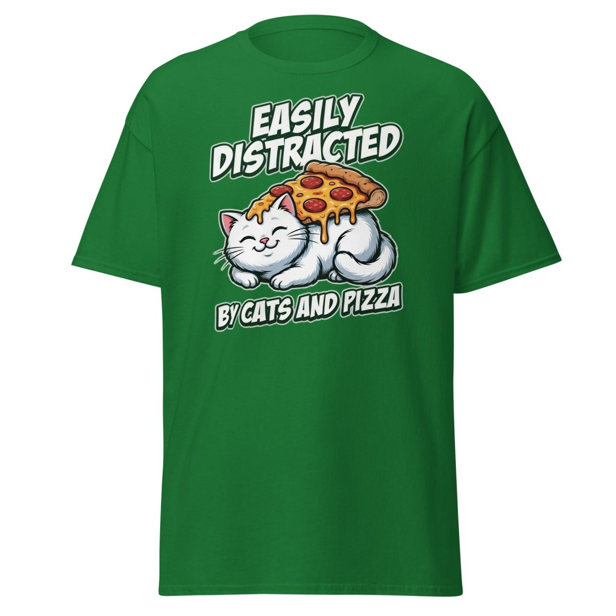 Easily Distracted by Cats and Pizza T-Shirt – Funny Cat Lover Tee - Turf Green - TeeRipple