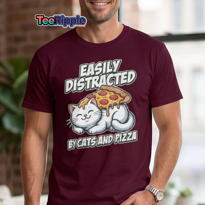Easily Distracted by Cats and Pizza T-Shirt – Funny Cat Lover Tee - Maroon - TeeRipple