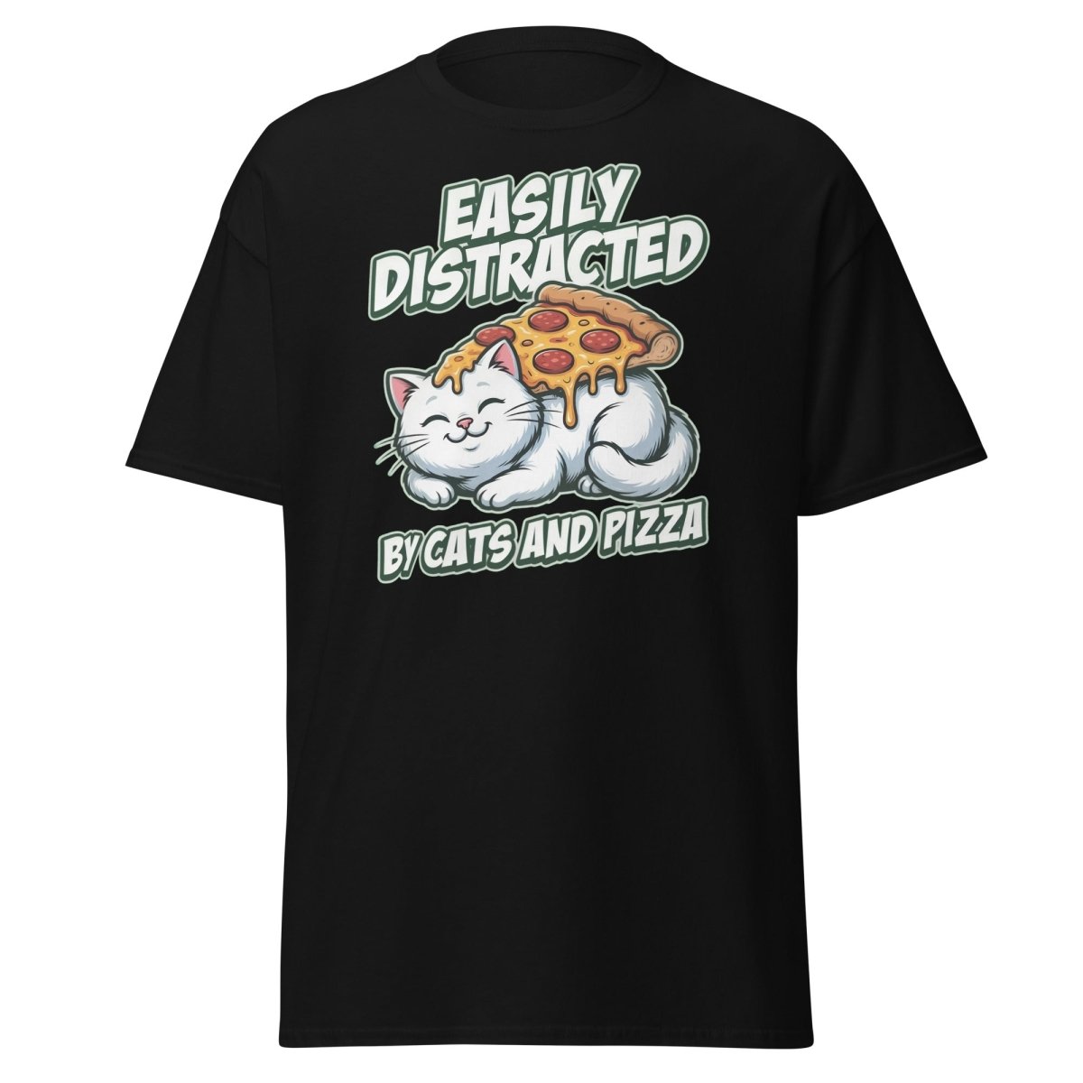 Easily Distracted by Cats and Pizza T-Shirt – Funny Cat Lover Tee - Black - TeeRipple
