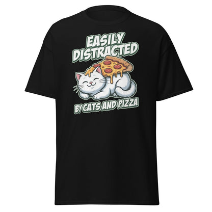 Easily Distracted by Cats and Pizza T-Shirt – Funny Cat Lover Tee - Black - TeeRipple