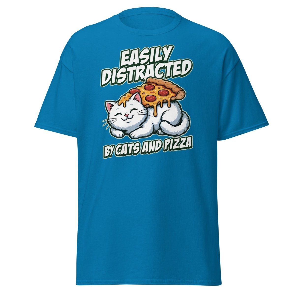 Easily Distracted by Cats and Pizza T-Shirt – Funny Cat Lover Tee - Sapphire - TeeRipple