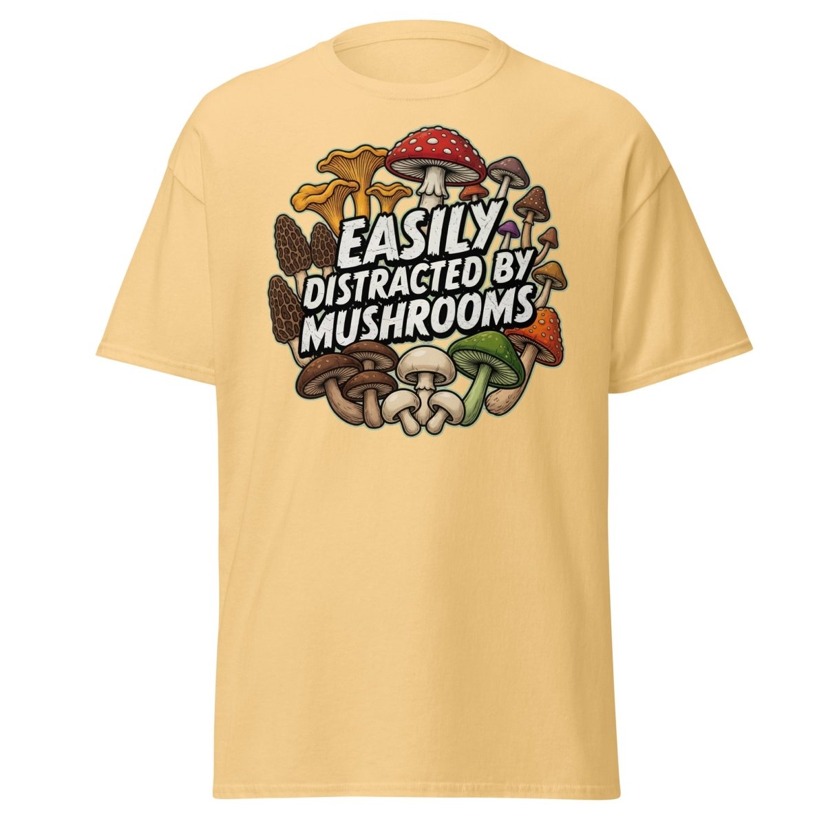 Easily Distracted By Mushrooms T-Shirt | Funny Forager Tee - Yellow Haze - TeeRipple
