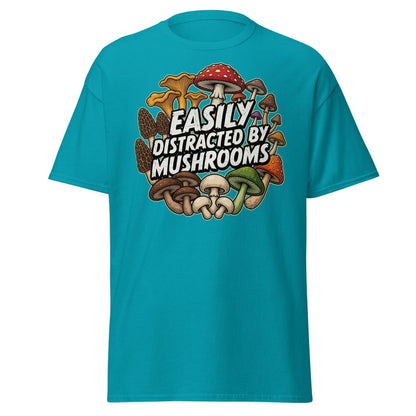 Easily Distracted By Mushrooms T-Shirt | Funny Forager Tee - Tropical Blue - TeeRipple
