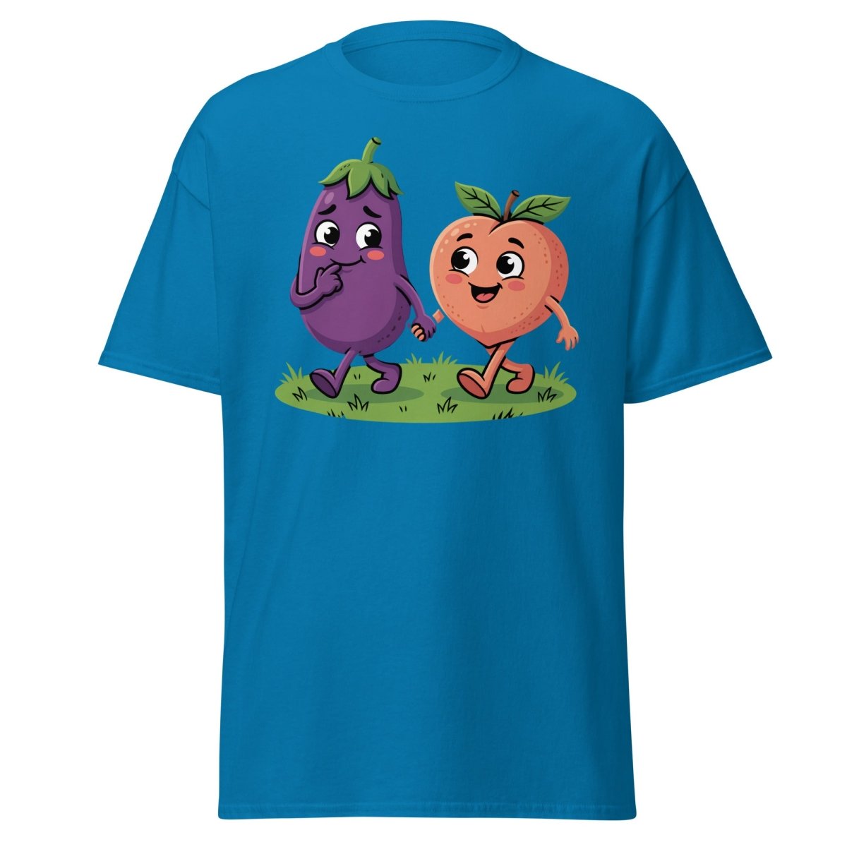 Eggplant & Peach Holding Hands Funny T-Shirt – Adult Humor Tee - Sapphire - TeeRipple
