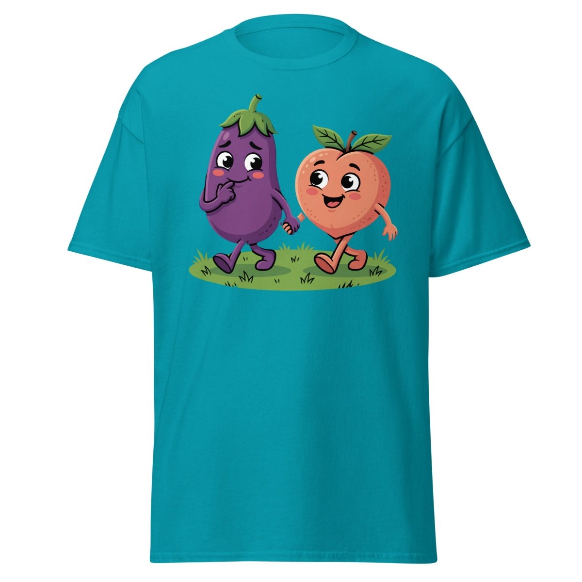 Eggplant & Peach Holding Hands Funny T-Shirt – Adult Humor Tee - Tropical Blue - TeeRipple