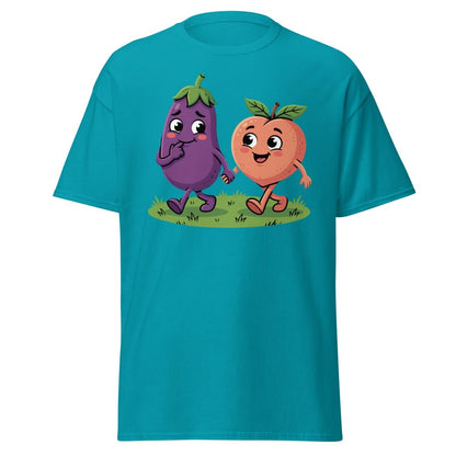Eggplant & Peach Holding Hands Funny T-Shirt – Adult Humor Tee - Tropical Blue - TeeRipple