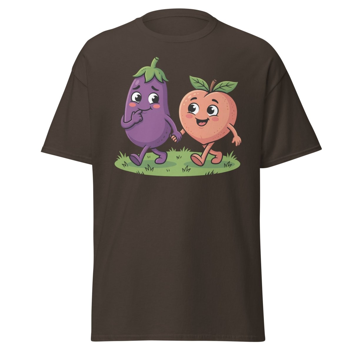 Eggplant & Peach Holding Hands Funny T-Shirt – Adult Humor Tee - Dark Chocolate - TeeRipple